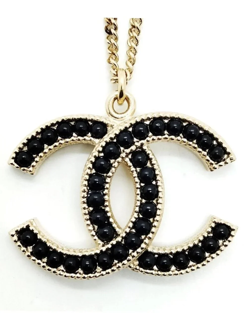 Authentic Chanel CC Black Enamel Gold Tone Pendant Necklace Classic Jewelry